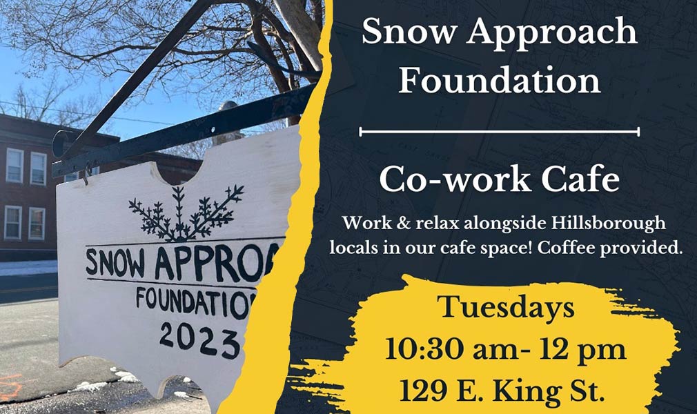 Graphic showing Snow Approach sign in front of building with white serif type over black and yellow