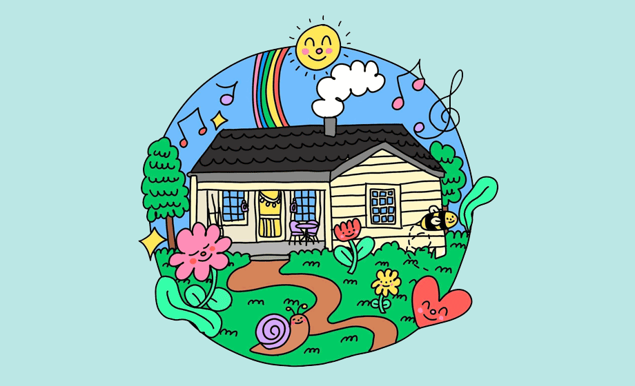 Little House Art Therapy Logo - Illustration of a little house with happy flowers, bee, and sun with rainbow
