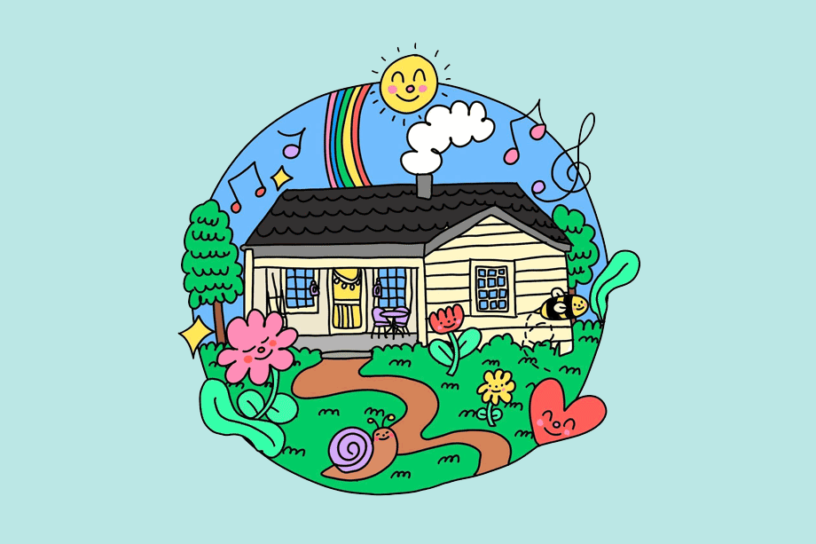 Little House Art Therapy Logo - Illustration of a little house with happy flowers, bee, and sun with rainbow