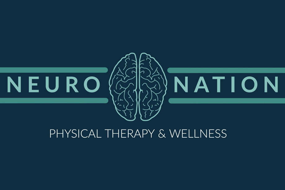 Neuro Nation Physical Therapy Logo - Muted aqua sans-serif type with brain icon in middle
