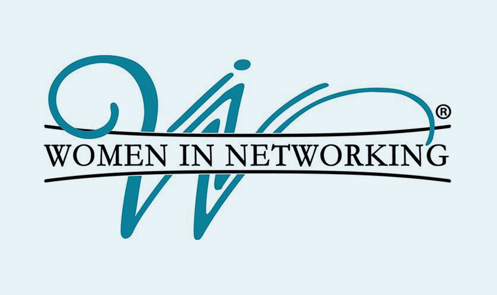 Women In Networking Logo - Turquoise script W with overlaying black serif type on light blue background