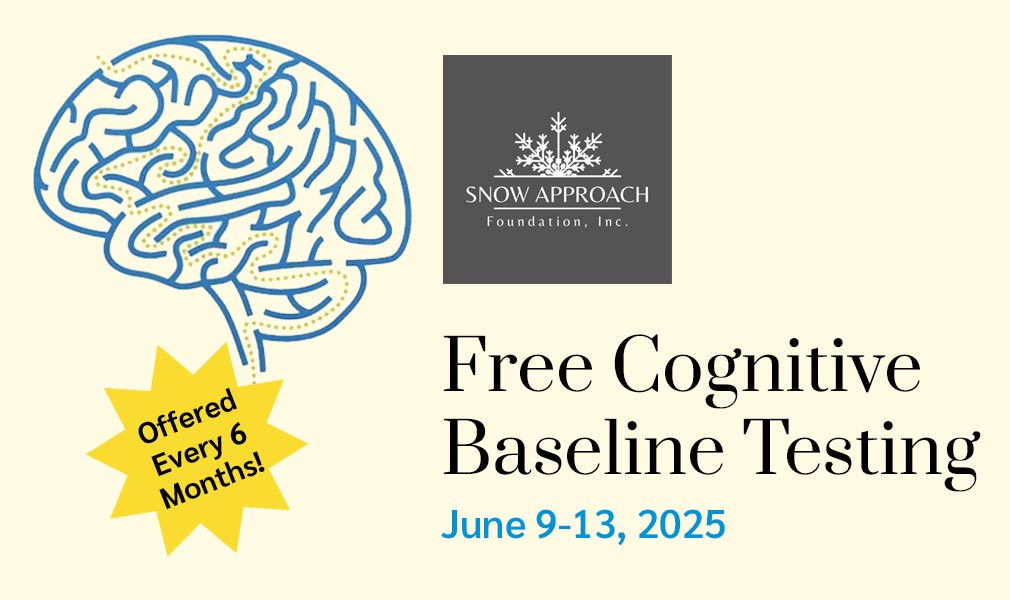 Graphic showing brain icon with black serif headline and cyan sans-serif type below with yellow burst and Snow Approach logo