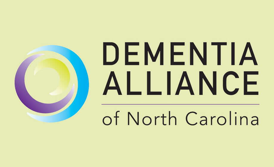 Dementia Alliance NC Logo - Black sans-serif type with cyan, purple, and green intertwined crescents to left