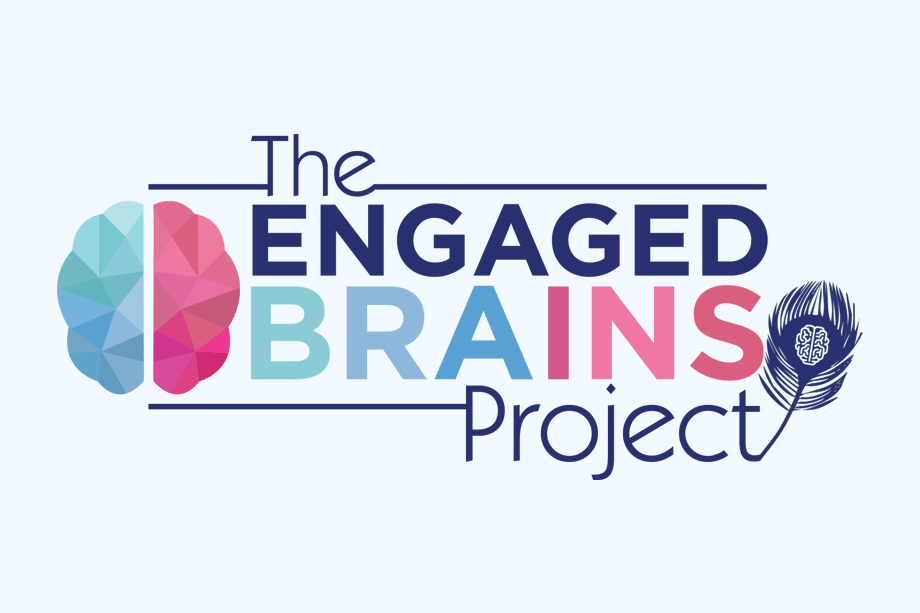 Engaged Brains Project Logo - Sans-serif type in shades of blue and pink with brain and feather icons