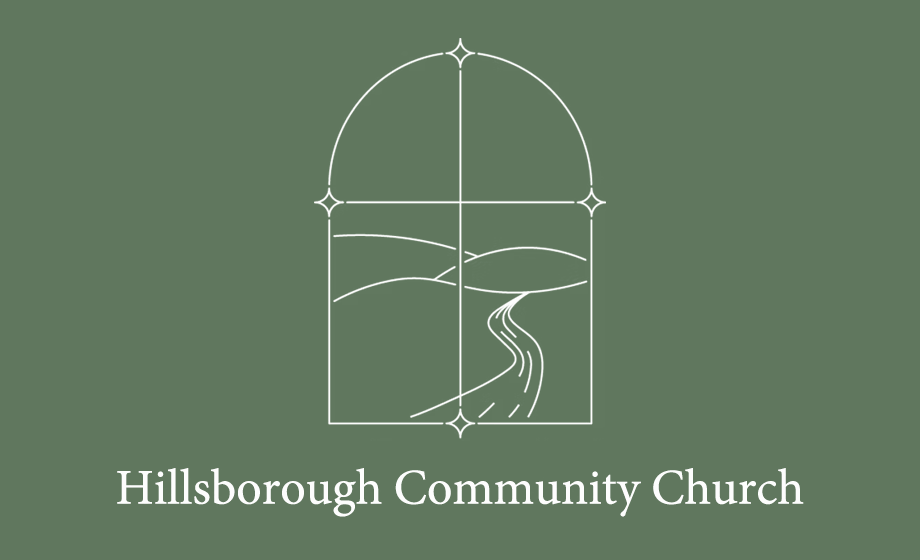 Hillsborough Community Church Logo - White serif type with stained glass window illustration above over green background