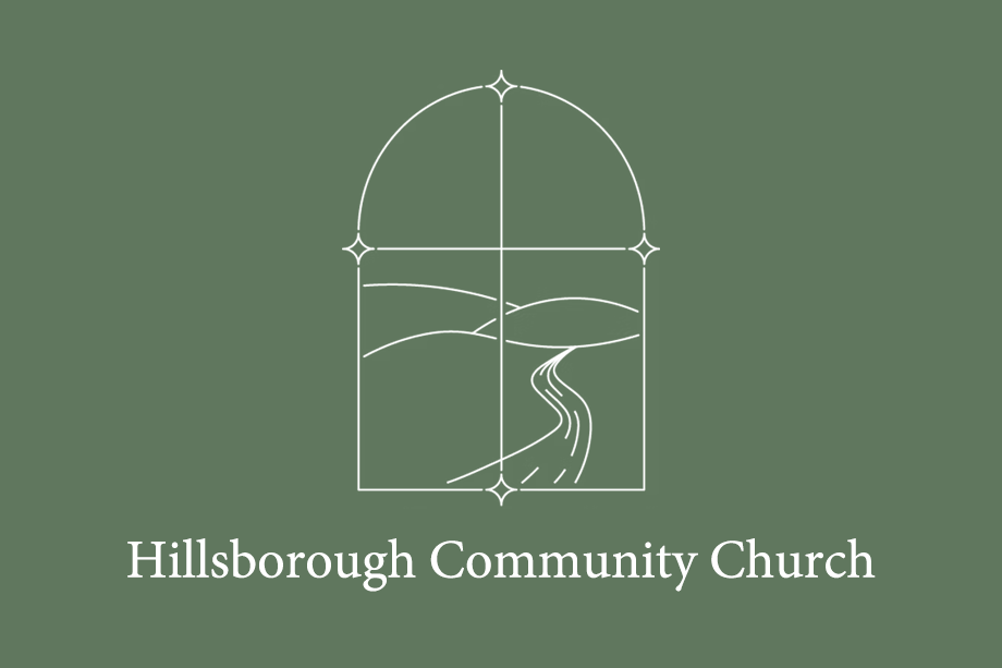 Hillsborough Community Church Logo - White serif type with stained glass window illustration above over green background
