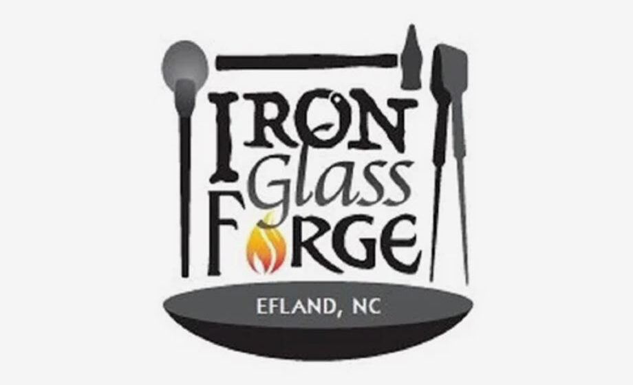 Iron Glass Forge Logo - Black serif font with metal forging icons
