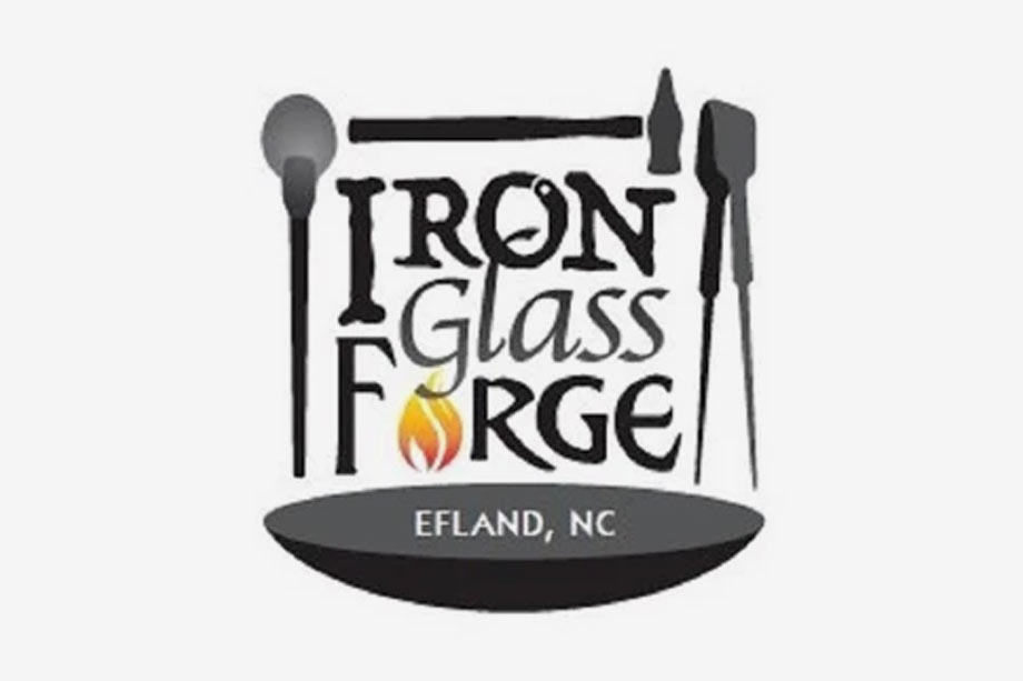 Iron Glass Forge Logo - Black serif font with metal forging icons