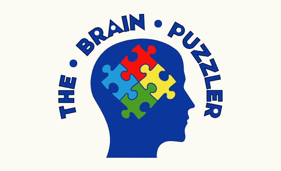 The Brain Puzzler Logo - Blue icon of a head with puzzle pieces inside and blue arced type above