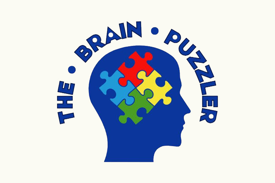 The Brain Puzzler Logo - Blue icon of a head with puzzle pieces inside and blue arced type above