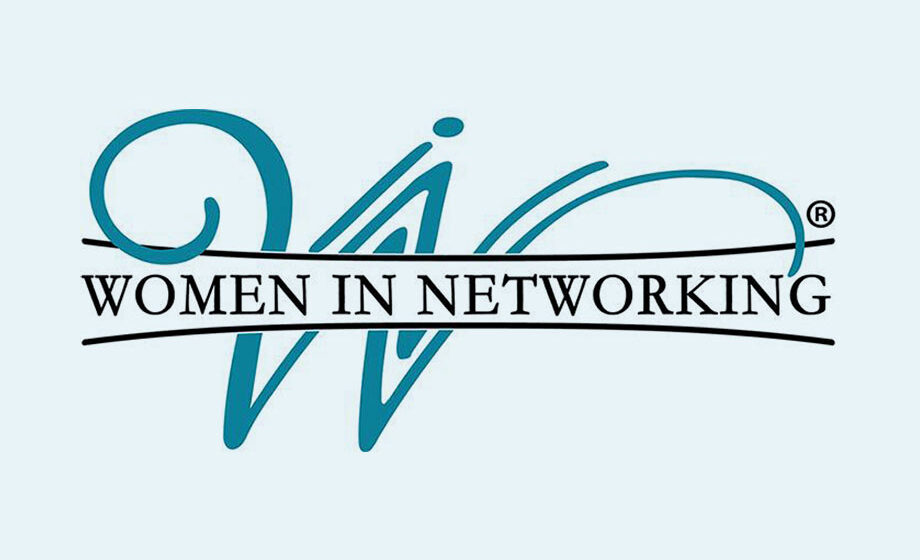 Women In Networking Logo - Turquoise script W with overlaying black serif type on light blue background
