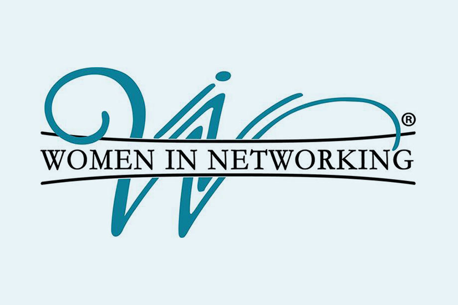 Women In Networking Logo - Turquoise script W with overlaying black serif type on light blue background