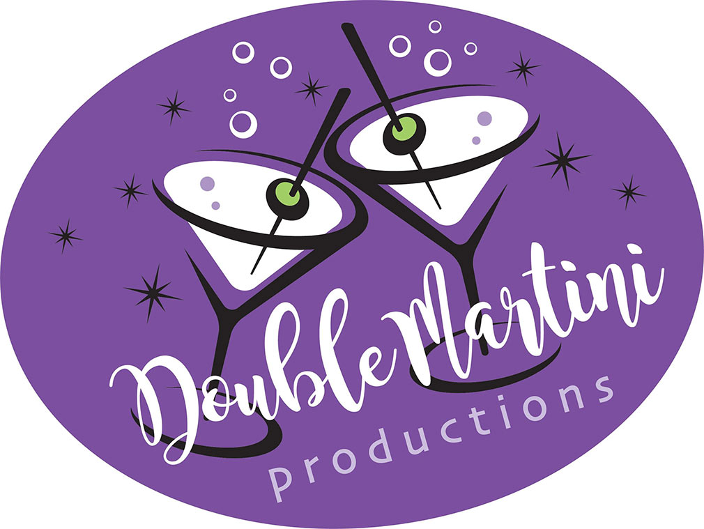 Double Martini Productions Logo - White script type over purple oval with martini illustrations