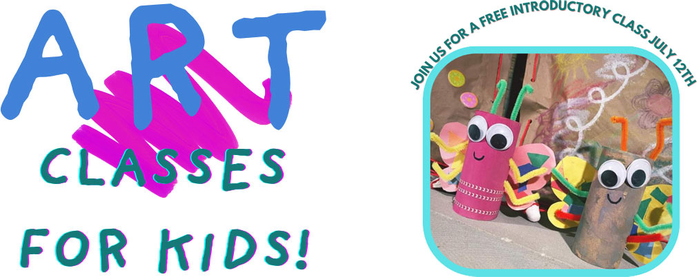 Graphic showing photo of arts and craft with Art Classes for Kids logo to left