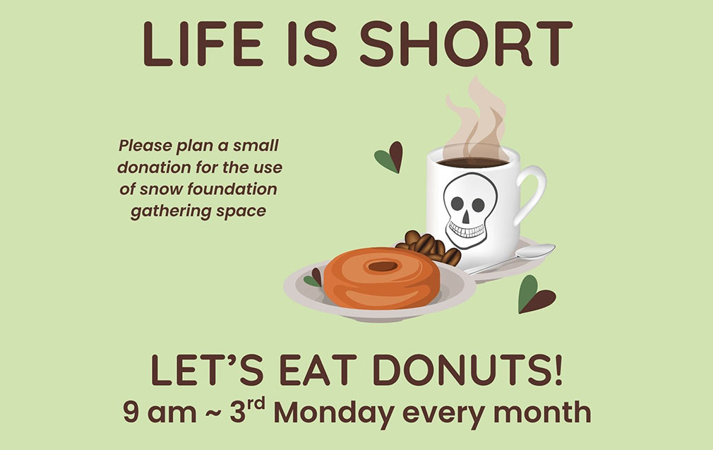 Graphic showing illustration of coffee and donuts with brown sans-serif type over light green background