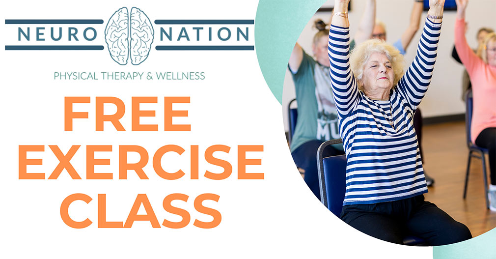 Graphic showing photo of people doing exercise with Neuro Nation logo and orange sans-serif type