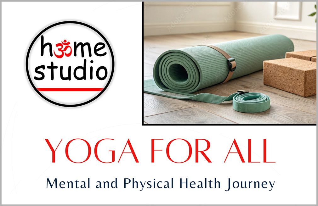 Graphic showing Home Studio logo with photo of yoga mat and red and black sans-serif type