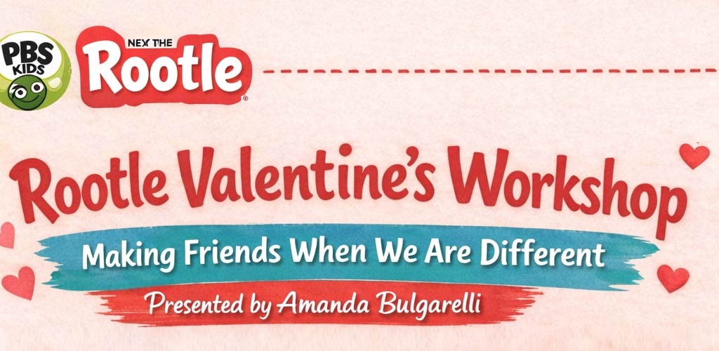 Graphic showing red and white sans-serif type with Rootle and PBS Kids logos over pink textured paper with hearts