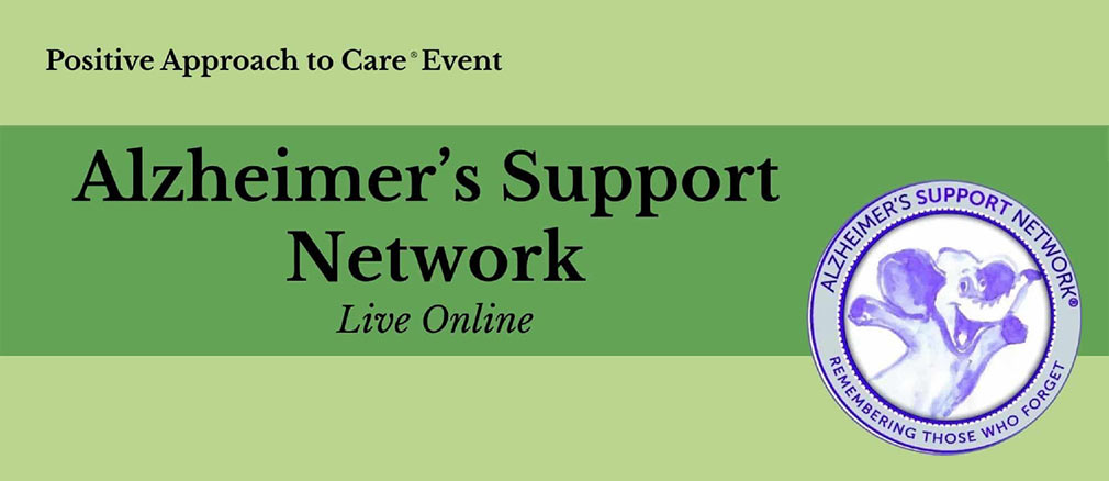 Graphic showing Alzheimers Support Network seal over green background with black serif type