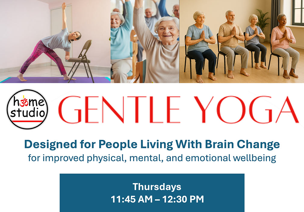 Graphic showing Home Studio logo with photo of people doing yoga and red and blue sans-serif type