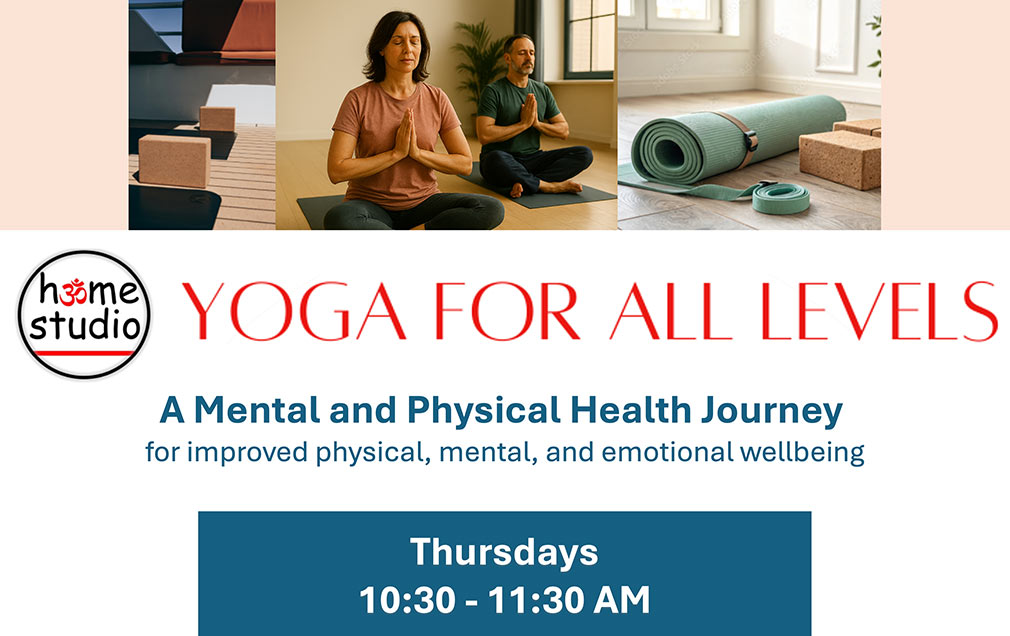 Graphic showing Home Studio logo with photo of people doing yoga and red and blue sans-serif type