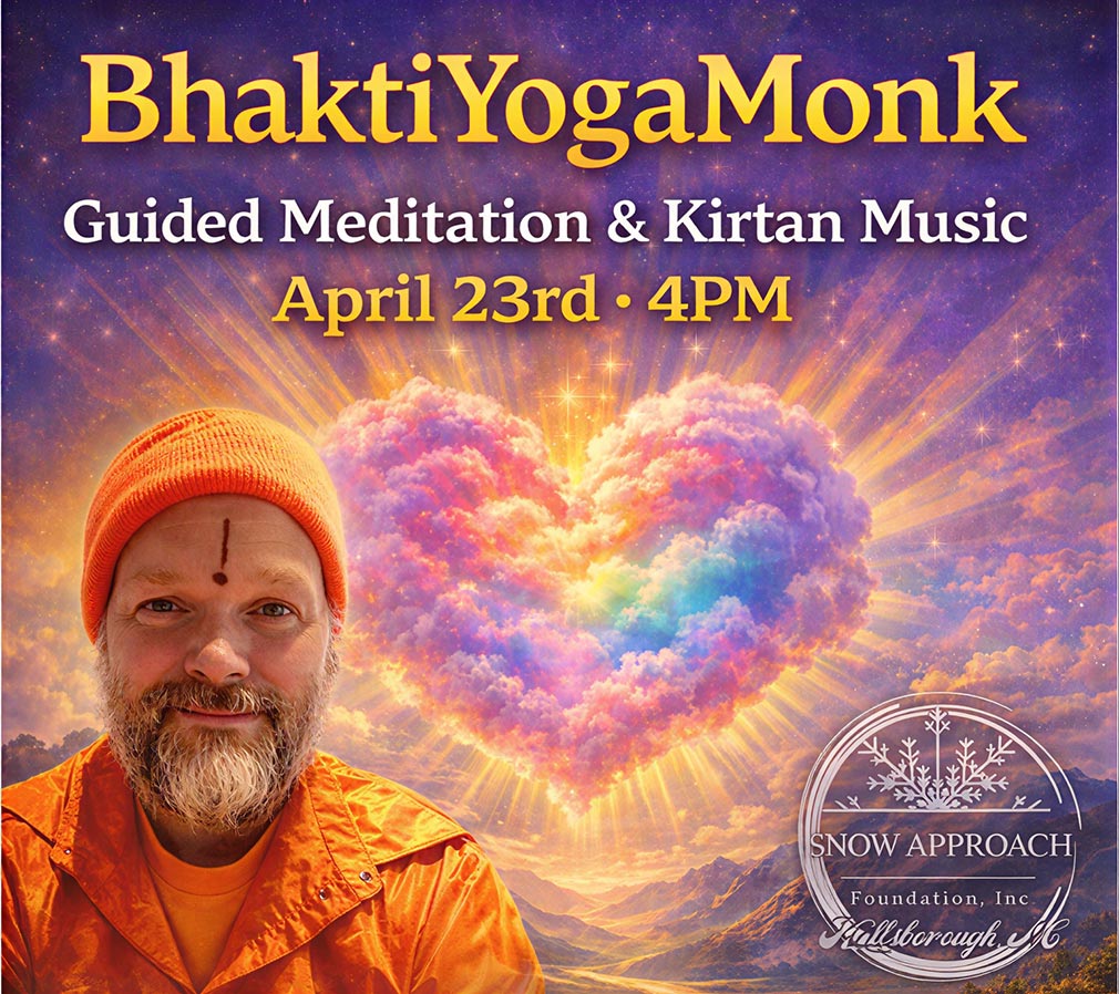 Graphic showing gold and white serif type over rainbow cloud heart and light rays with overlaying photo of Monk Prema and Snow Approach logo