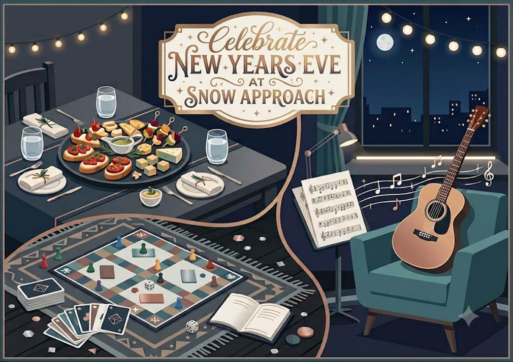 Graphic showing illustration of party room with overlaying New Years Eve logo