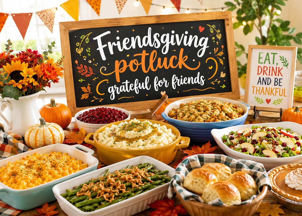 Graphic showing chalk board with Friendsgiving Potluck and Thanksgiving spread with decorations