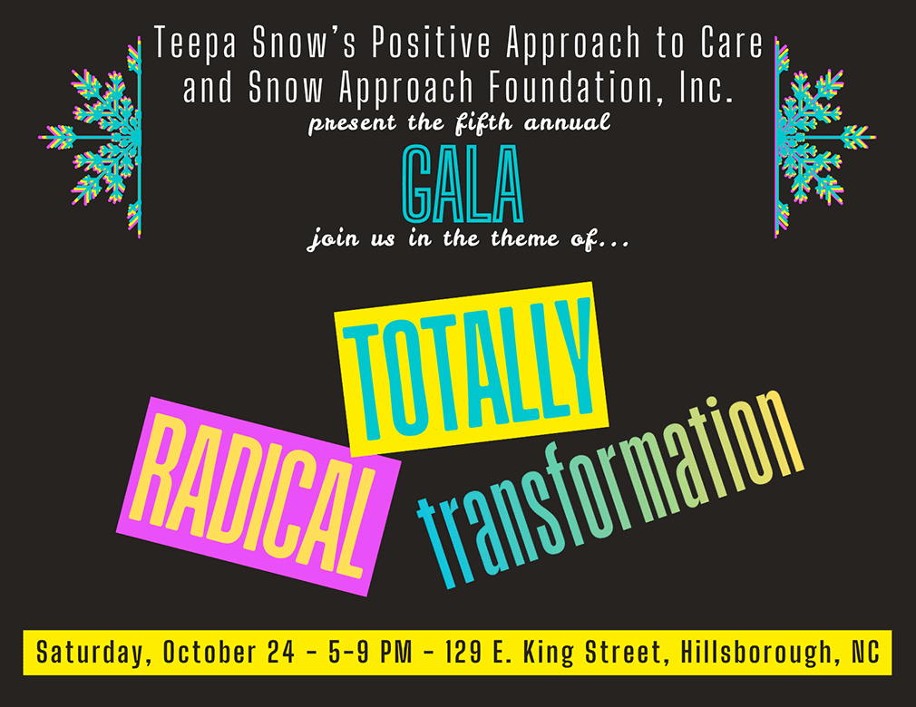 Graphic showing white, turquoise, and yellow sans-serif type with multi-color snowflake icons on left and right