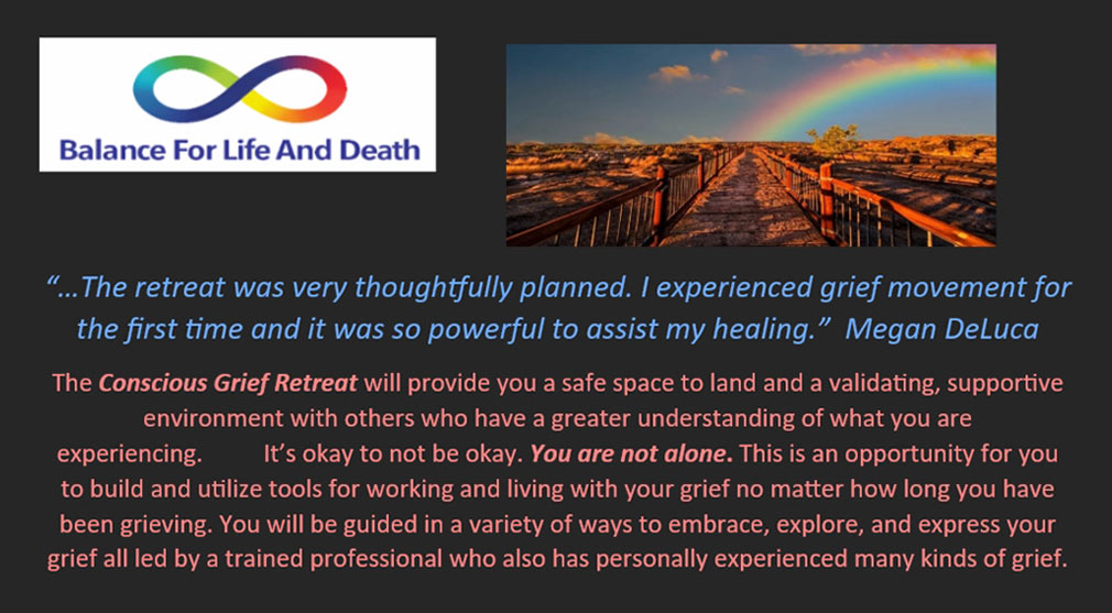 Graphic showing Balance for Life and Death logo with photo of a landscape with a rainbow above blue and pink sans-serif type over a dark gray background